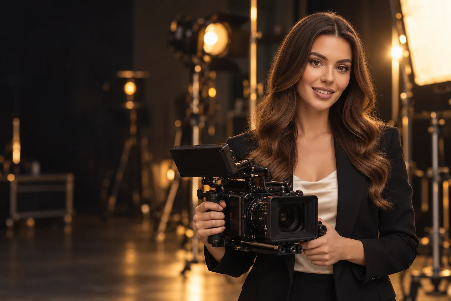 AI videó készítés magyar vállalkozásoknak: virtuális műsorvezető filmkamerával a stúdióban